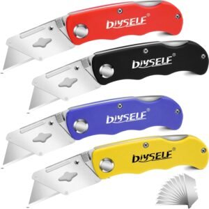 DIYSELF 4 Pack Utility Knife, Box Cutters for Light Duty Purposes, Razor Knife Utility, Box Cutter Knife for Cartoon, Cardboard, Folding Utility Knife for Warehouse, Shop, Box Cutter for Women