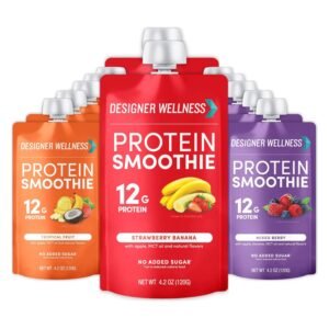 Designer Wellness Protein Smoothies, Real Fruit, 12 g Protein, Low Carb, Zero Added Sugar, Gluten Free, Non-GMO, No Artificial Colors or Flavors, Variety Pack, 12 Count