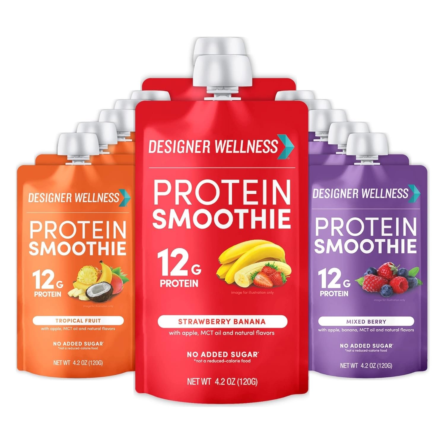 Designer Wellness Protein Smoothies, Real Fruit, 12 g Protein, Low Carb, Zero Added Sugar, Gluten Free, Non-GMO, No Artificial Colors or Flavors, Variety Pack, 12 Count